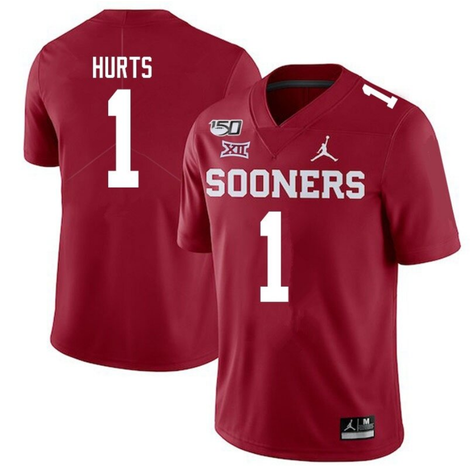Men's Oklahoma Sooners #1 Jalen Hurts Red 150th Season Stitched NCAA Jersey